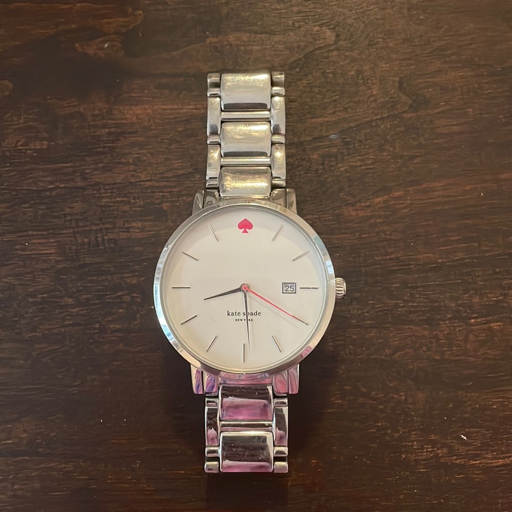 kate spade Silver Tone Stainless Steel Bracelet Watch with Pink Accent